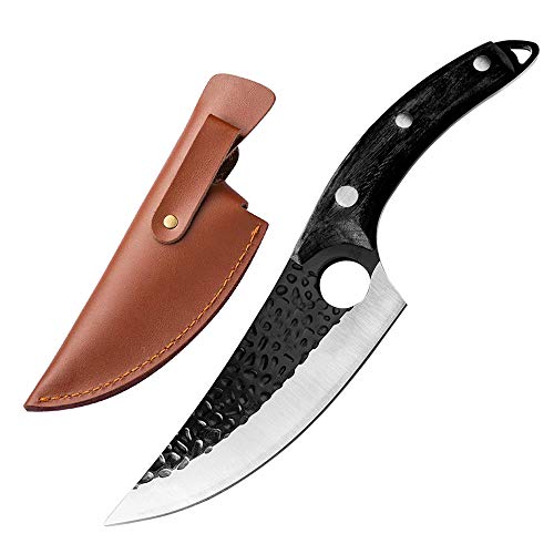 Dream Reach Viking Ausbeinmesser Handgeschmiedetes volles Tang Japanischer Koch Fleischbeil mit Lederscheide Carbonstahl für Küche Outdoor BBQCamping Geschenk von Dream Reach