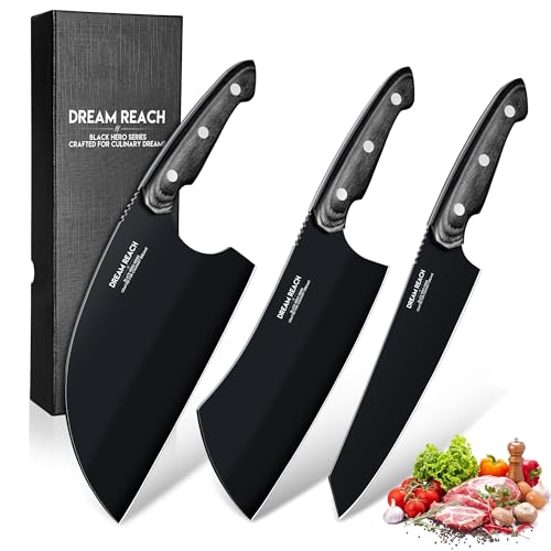 Dream Reach Messer Set Scharfe - 3-teilig Küchenmesser Set Full Tang Knife Set Hackmesser, Fleischmesser, Kochmesser für Männer Vater Mutter Geburtstag Geschenk von Dream Reach
