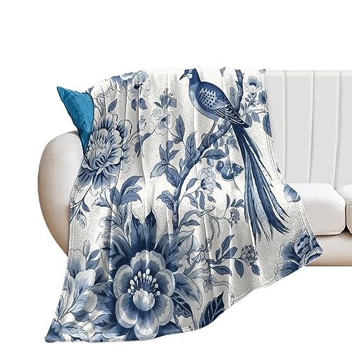 Dicke Überwurfdecken, chinesischer Stil, blau und weiß, Porzellan, Vogel, Blumenmuster, Flanell, Fleecedecken für Bett, Couch, Sofa, Stuhl, warm, gemütlich, flauschig, Plüsch, superweiche Decke für von DreamAutumn