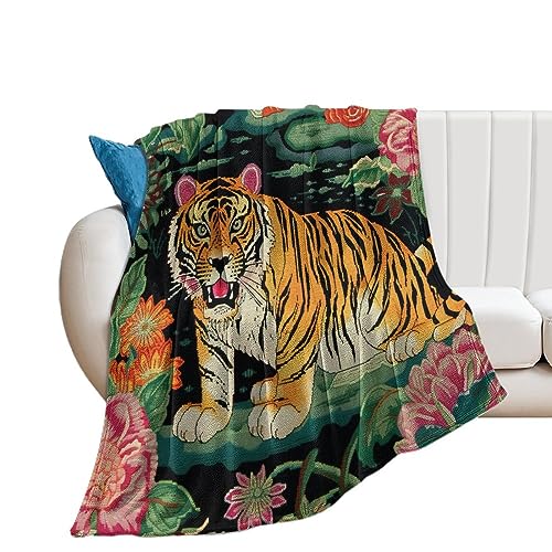 Flanell-Fleece-Plüsch-Überwurfdecke, Tiger und Chinoiserie, bunte Blumenüberwürfe, superweiche, flauschige, gemütliche Decke für Couch, Sofa, Bett, Stuhl, Auto, leichte, warme Klimaanlagendecke, 76,2 von DreamAutumn