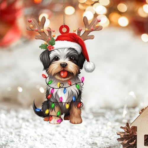 Niedliches Weihnachtsgeweih Hund Biewer Terrier 2D Acryl Weihnachtsschmuck, Haustier Hund Andenken, hängende Ornamente für Weihnachtsbäume Kugeln Neujahr Urlaub Souvenir Strumpffüller Geschenke von DreamAutumn