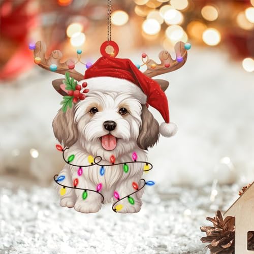 Niedliches Coton De Tulear Hundegeweih, 2D-Acryl-Weihnachtsschmuck – Haustier-Hunde-Andenken, hängende Ornamente für Weihnachtsbäume, Kugeln, Neujahr, Urlaub, Souvenir, Strumpffüller, Geschenke von DreamAutumn