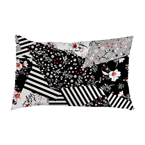 Kissenbezug, Blumenmuster, gestreift, Patchwork, schwarz, weiß, lang, 60 x 40 cm von DreamBay
