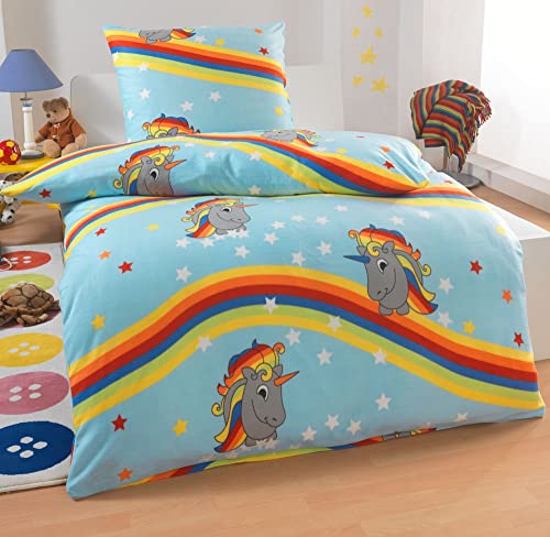 2 TLG Kinder Warme Kuschel Fleece Bettwäsche Einhorn Feuerwehrmann Pferd Pingin 135x200 80x80, Designe:Einhorn-Regenbogen von DreamHome