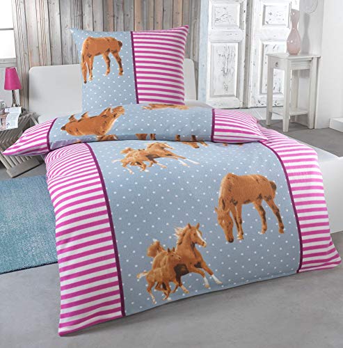 DreamHome 2 teilige Kinder Warme Kuschel Fleece Bettwäsche 135x200 + Kissenhülle 80x80 Einhorn Feuerwehrmann Pferd Pinguin, Designe:Pferde von DreamHome