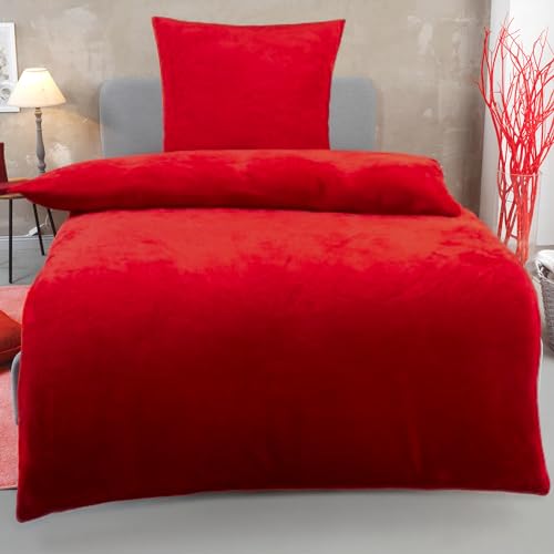 DreamHome Winter Wende Plüsch Bettwäsche 135x200 Nicky-Teddy Cashmere Touch Coral Fleece Bettdezug + Kissenbezug 80x80, Farbe:ROT von DreamHome