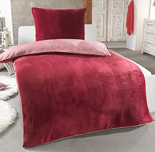 DreamHome Winter Wende Plüsch Bettwäsche 135x200 Nicky-Teddy Cashmere Touch Coral Fleece Bettdezug + Kissenbezug 80x80, Farbe:Weinrot-Altrosa von DreamHome