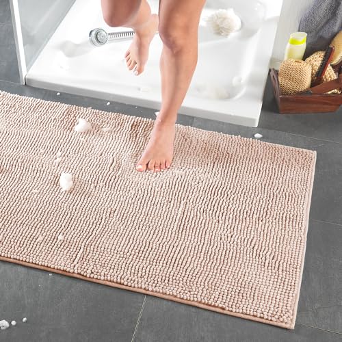 Dreamhome hochwertige große Badematte 65x110 rutschfest Badezimmerteppich Badvorleger schnell trocknender pflegeleichter Duschvorleger Farbe: Sand von DreamHome