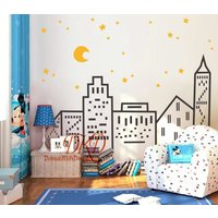 Wandtattoo Welt Wahrzeichen Grenze, Stadt Silhouette Architektur Sternen Mond Für Baby Kindergarten Kinderzimmer von DreamKidsDecal