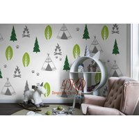 Woodland Nursery, Pine Tree, Nature Forest, Tent, Bear Paw, Campers Decal, Wilderness Camper Decor Over Kids Crib-Dk465 von DreamKidsDecal