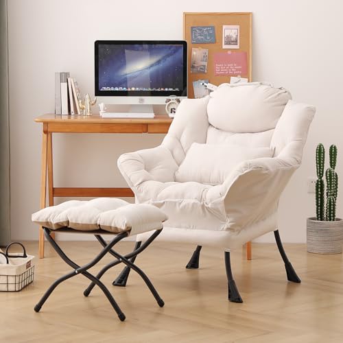 DreamNook Lazy Chair mit Ottomane, moderner Akzentstuhl mit Lendenkissen, bequemer Stuhl mit klappbarer Fußstütze für Schlafzimmer, Lesen, übergroßer stützender Lounge-Stuhl (Beige) von DreamNook