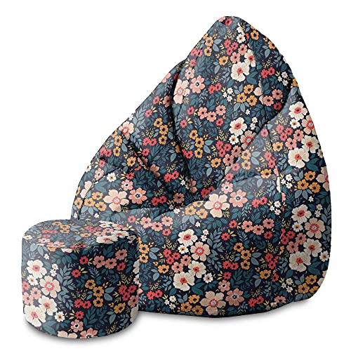 DreamRoots Bean Bag 80x80x120cm - Sitzsack mit Lehne und Hocker und Bezug - Sitzkissen Boden - Chill Bubibag - Sitzsack mit Füllung - Erwachsene mit Füllung M-Dunkle Blum1 von DreamRoots