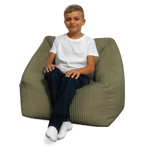 DreamRoots Kindersessel Cord - Sitzsack Kinder mit Griff, Seitentasche und Bezug - 380 g/m² Weicher Cord-Sessel für Kinderzimmer - 1-7 Jahre - Oeko-TEX - Füllung nachfüllbar - Olivgrün von DreamRoots