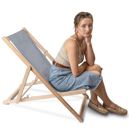 DreamRoots Liegestuhl Holz Klappbar Cord-Gewebe aus Buchenholz, bis 130 kg belastbar, 3-Fach verstellbare Rückenlehne für Garten oder Terrasse von DreamRoots