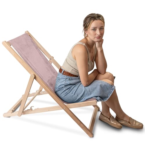 DreamRoots Liegestuhl Holz Klappbar Cord-Gewebe aus Buchenholz, bis 130 kg belastbar, 3-Fach verstellbare Rückenlehne für Garten oder Terrasse von DreamRoots