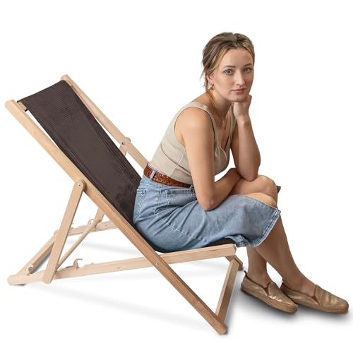 DreamRoots Liegestuhl Holz Klappbar Cord-Gewebe aus Buchenholz, bis 130 kg belastbar, 3-Fach verstellbare Rückenlehne für Garten oder Terrasse von DreamRoots