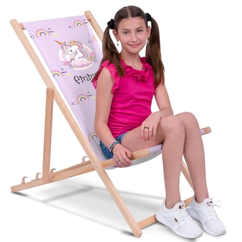 DreamRoots Liegestuhl Kinder Outdoor Personalisiert, Faltbarer Kinderliegestuhl bis 30kg, Waschbarer Bezug aus 100% Polyester, Ideal für Garten, Camping und Strand von DreamRoots