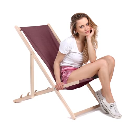 DreamRoots Liegestuhl Klappbar Holz - Klappliegestuhl mit 3-Fach Verstellbarer Rückenlehne - Strandliege Bis 130 kg Belastbar - Leinen-Optik UV-Beständiger 220g/m² Waschbarer Polyesterbezug von DreamRoots