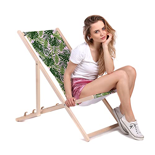 DreamRoots Liegestuhl Klappbar Holz aus Buchenholz, bis 130 kg belastbar, 3-Fach verstellbare Rückenlehne, waschbarer Polyesterbezug von DreamRoots