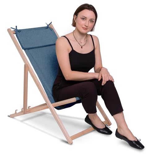 DreamRoots Liegestuhl Klappbar Holz mit Kopfstütze - Klappliegestuhl mit 3-Fach Verstellbarer Rückenlehne - Strandliege Bis 130 kg - 220 g/m² Waschbarer Polyesterbezug in Leinenoptik Denim Dream von DreamRoots