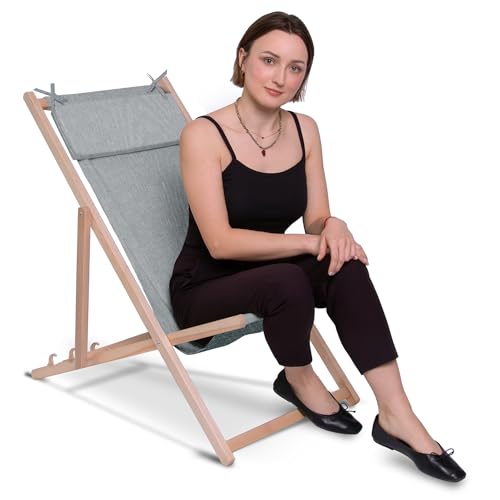 DreamRoots Liegestuhl Klappbar Holz mit Kopfstütze - Klappliegestuhl mit 3-Fach Verstellbarer Rückenlehne - Strandliege Bis 130 kg - 220 g/m² Waschbarer Polyesterbezug in Leinenoptik Light Grey DreamRoots Liegestuhl Klappbar Holz mit Kopfstütze - Klappliegestuhl mit 3-Fach Verstellbarer Rückenlehne - Strandliege Bis 130 kg - 220 g/m² Waschbarer Polyesterbezug in Leinenoptik Light Grey von DreamRoots