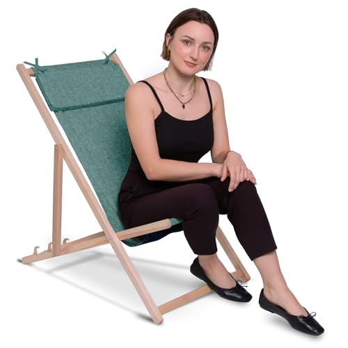 DreamRoots Liegestuhl Klappbar Holz mit Kopfstütze - Klappliegestuhl mit 3-Fach Verstellbarer Rückenlehne - Strandliege Bis 130 kg - 220 g/m² Waschbarer Polyesterbezug in Leinenoptik Sea Abyss von DreamRoots