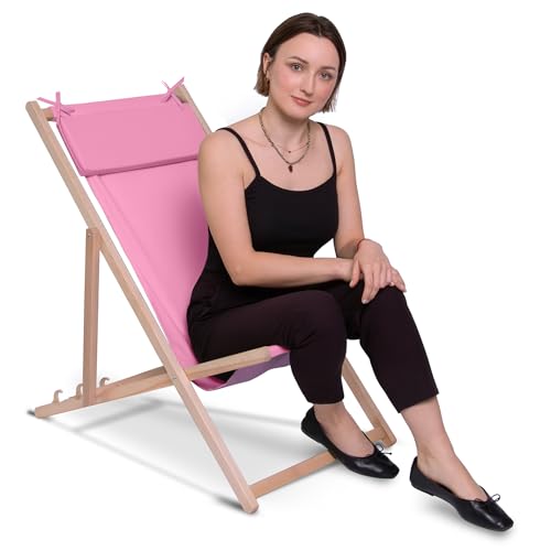 DreamRoots Liegestuhl Klappbar Holz mit Kopfstütze - Klappliegestuhl mit 3-Fach Verstellbarer Rückenlehne - Strandliege Bis 130 kg Belastbar - 220 g/m² Waschbarer Polyesterbezug - Pink von DreamRoots