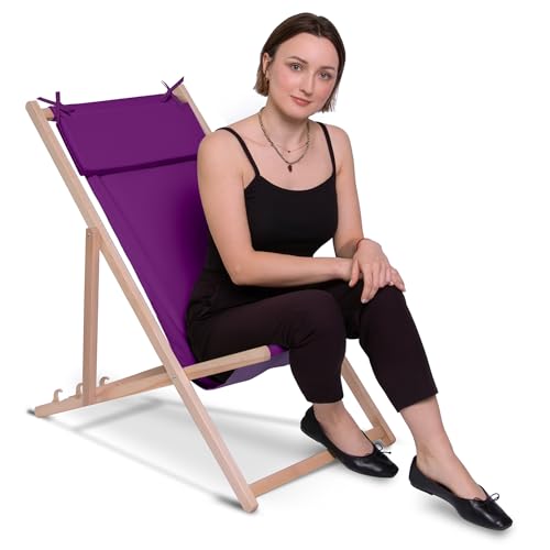 DreamRoots Liegestuhl Klappbar Holz mit Kopfstütze - Klappliegestuhl mit 3-Fach Verstellbarer Rückenlehne - Strandliege Bis 130 kg Belastbar - 220 g/m² Waschbarer Polyesterbezug - Purple von DreamRoots