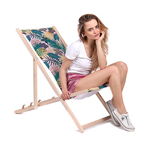 DreamRoots Liegestuhl Klappbar Holz aus Buchenholz, bis 130 kg belastbar, 3-Fach verstellbare Rückenlehne, waschbarer Polyesterbezug von DreamRoots