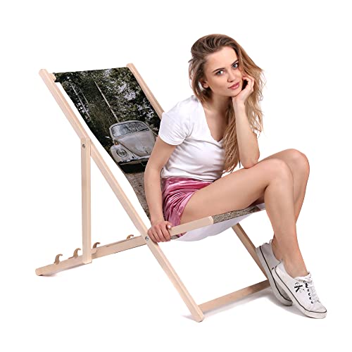 DreamRoots Liegestuhl Klappbar Holz aus Buchenholz, bis 130 kg belastbar, 3-Fach verstellbare Rückenlehne, waschbarer Polyesterbezug von DreamRoots