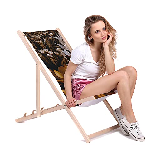 DreamRoots Liegestuhl Klappbar Holz aus Buchenholz, bis 130 kg belastbar, 3-Fach verstellbare Rückenlehne, waschbarer Polyesterbezug von DreamRoots