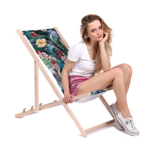 DreamRoots Liegestuhl Klappbar Holz aus Buchenholz, bis 130 kg belastbar, 3-Fach verstellbare Rückenlehne, waschbarer Polyesterbezug von DreamRoots