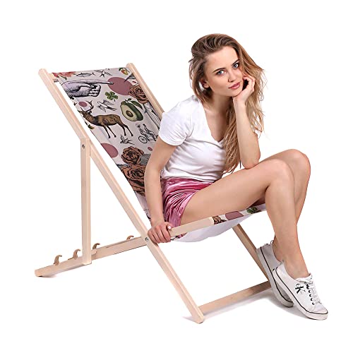 DreamRoots Liegestuhl Klappbar Holz aus Buchenholz, bis 130 kg belastbar, 3-Fach verstellbare Rückenlehne, waschbarer Polyesterbezug von DreamRoots