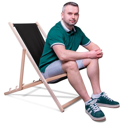 DreamRoots Liegestuhl Klappbar Holz aus Buchenholz, bis 130 kg belastbar, 3-Fach verstellbare Rückenlehne, waschbarer Polyesterbezug von DreamRoots