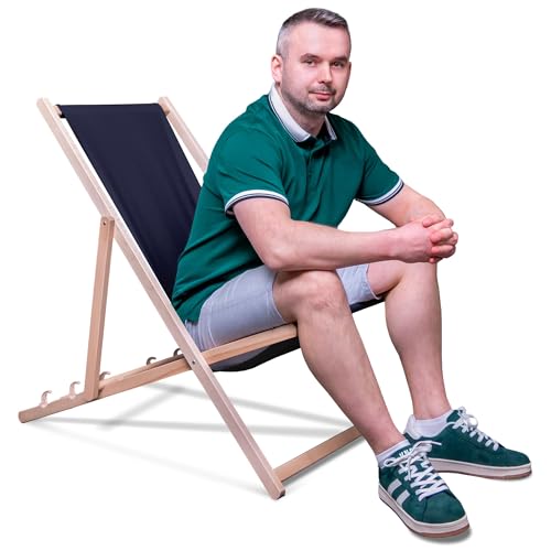 DreamRoots Liegestuhl Klappbar Holz aus Buchenholz, bis 130 kg belastbar, 3-Fach verstellbare Rückenlehne, waschbarer Polyesterbezug von DreamRoots