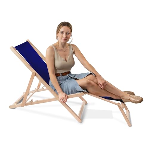 DreamRoots Liegestuhl klappbar Holz mit fußteil bis zu 130 kg belastbar, 3-Fach verstellbare Rückenlehne, waschbarer Polyesterbezug von DreamRoots