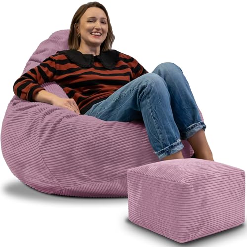 DreamRoots Sitzsack Erwachsene Cord oder Kinder - Bean Bag Sofa - Sitzsack Cord mit Hocker und Bezug - Sitzsäcke mit Füllung 90x90x100 cm Plum Smoothie von DreamRoots