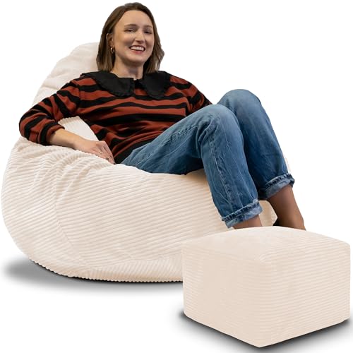 DreamRoots Sitzsack Erwachsene Cord oder Kinder - Bean Bag Sofa - Sitzsack Cord mit Hocker und Bezug - Sitzsäcke mit Füllung 90x90x100 cm Vanilla Ice DreamRoots Sitzsack Erwachsene Cord oder Kinder - Bean Bag Sofa - Sitzsack Cord mit Hocker und Bezug - Sitzsäcke mit Füllung 90x90x100 cm Vanilla Ice von DreamRoots