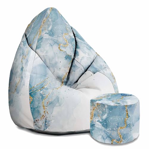 DreamRoots Sitzsack Erwachsene mit Füllung 80x80x120cm - Bean Bag Chair - Sitzsäcke mit Lehne und Hocker und Bezug - Sitzsack Sessel - Chill Sessel Oxford Blue Elegant Marmur von DreamRoots