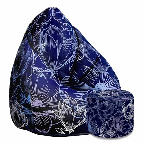 DreamRoots Sitzsack Erwachsene mit Füllung 80x80x120cm - Bean Bag Chair - Sitzsäcke mit Lehne und Hocker und Bezug - Sitzsack Sessel - Chill Sessel Oxford Navy Flowers von DreamRoots