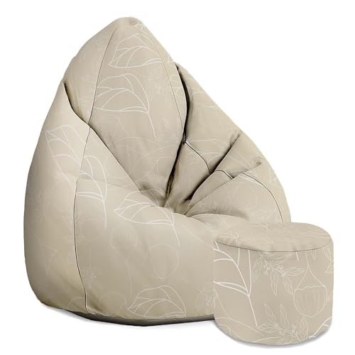 DreamRoots Sitzsack Erwachsene mit Füllung 80x80x120cm - Bean Bag Chair - Sitzsäcke mit Lehne und Hocker und Bezug - Sitzsack Sessel - Chill Sessel Oxford Scandinavian Nature von DreamRoots