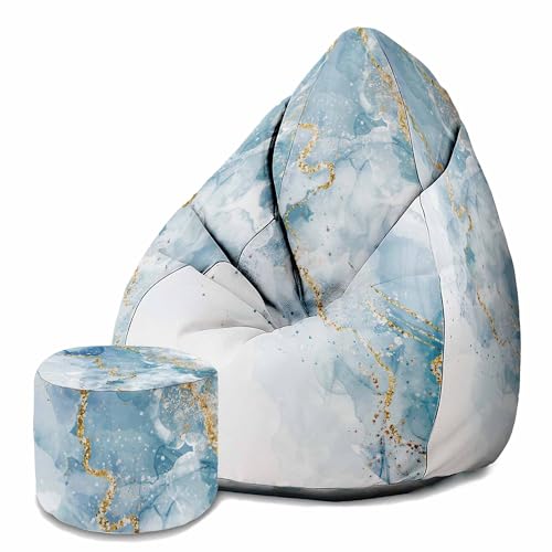 DreamRoots Sitzsack Erwachsene mit Füllung 80x80x120cm - Bean Bag Chair - Sitzsäcke mit Lehne und Hocker und Bezug - Sitzsack Sessel - Chill Sessel Velvet Blue Elegant Marmur von DreamRoots