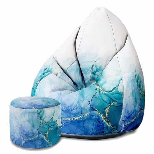 DreamRoots Sitzsack Erwachsene mit Füllung 80x80x120cm - Bean Bag Chair - Sitzsäcke mit Lehne und Hocker und Bezug - Sitzsack Sessel - Chill Sessel Velvet Blue Marmur von DreamRoots