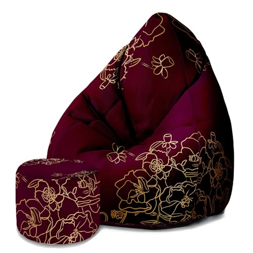 DreamRoots Sitzsack Erwachsene mit Füllung 80x80x120cm - Bean Bag Chair - Sitzsäcke mit Lehne und Hocker und Bezug - Sitzsack Sessel - Chill Sessel Velvet Gold Roses von DreamRoots