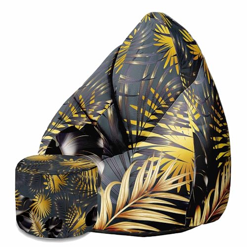 DreamRoots Sitzsack Erwachsene mit Füllung 80x80x120cm - Bean Bag Chair - Sitzsäcke mit Lehne und Hocker und Bezug - Sitzsack Sessel - Chill Sessel Velvet Leaves Gold von DreamRoots