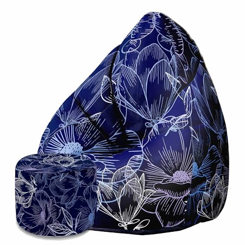 DreamRoots Sitzsack Erwachsene mit Füllung 80x80x120cm - Bean Bag Chair - Sitzsäcke mit Lehne und Hocker und Bezug - Sitzsack Sessel - Chill Sessel Velvet Navy Flowers von DreamRoots