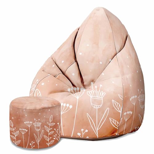 DreamRoots Sitzsack Erwachsene mit Füllung 80x80x120cm - Bean Bag Chair - Sitzsäcke mit Lehne und Hocker und Bezug - Sitzsack Sessel - Chill Sessel Velvet Pink Flowers von DreamRoots