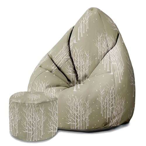 DreamRoots Sitzsack Erwachsene mit Füllung 80x80x120cm - Bean Bag Chair - Sitzsäcke mit Lehne und Hocker und Bezug - Sitzsack Sessel - Chill Sessel Velvet White Tree von DreamRoots