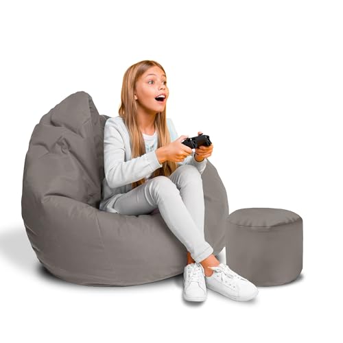DreamRoots Sitzsack für Kinder und Erwachsene - Sitzsack mit Füllung, Lehne, Hocker und Bezug - Oxford Stoff 220 gr/m2 Wasserdicht - Sitzkissen Boden - Chill Sack S, Grau von DreamRoots