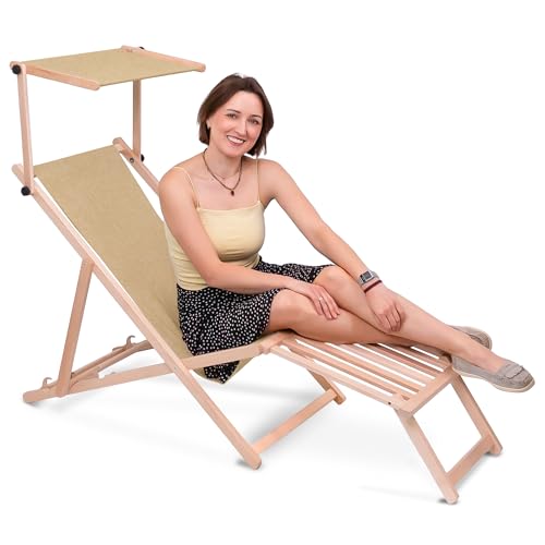 DreamRoots Sonnenliege klappbar mit Dach aus Holz - Liegestuhl mit Sonnenschutz & Fußstütze aus Holz bis 130 kg, Leinenstruktur Oxford-Polyester 220g/m², 3-Fach verstellbarr - Desert Sand DreamRoots Sonnenliege klappbar mit Dach aus Holz - Liegestuhl mit Sonnenschutz & Fußstütze aus Holz bis 130 kg, Leinenstruktur Oxford-Polyester 220g/m², 3-Fach verstellbarr - Desert Sand von DreamRoots